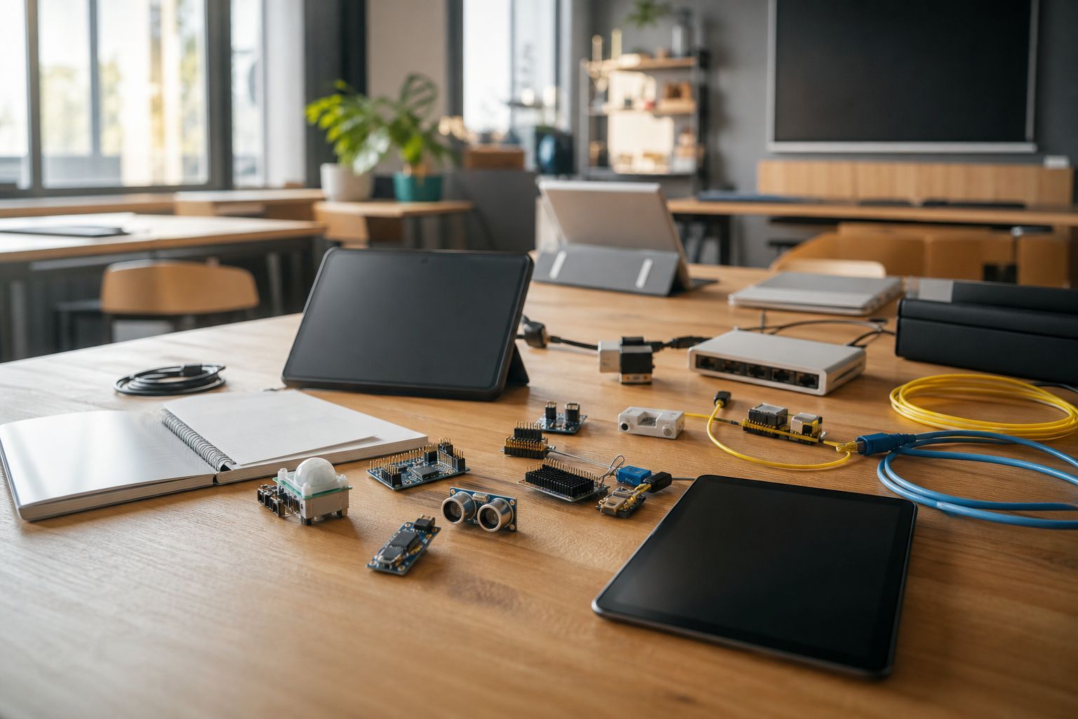 Salle de formation avec capteurs IoT, tablettes et supports pédagogiques